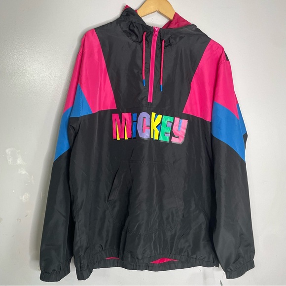 Vtg 90s Y2K Disney MICKEY MOUSE Size Medium Colorblock Hooded Windbreaker Pocket - Picture 4 of 8